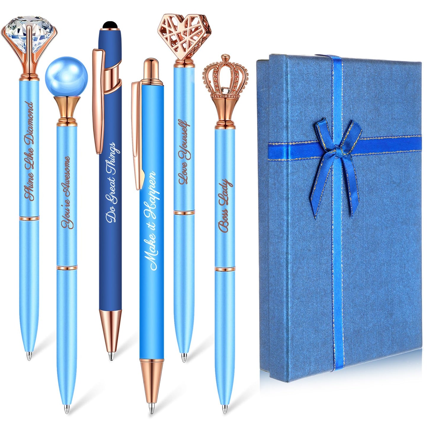 Qeeenar 6 Pcs Fancy Pens for Women Crystal Diamond Pen for Journaling Pretty Glitter Ballpoint with Box Inspirational Gifts for Women Girls College Students Cute Back to School Gifts(Dark Blue)