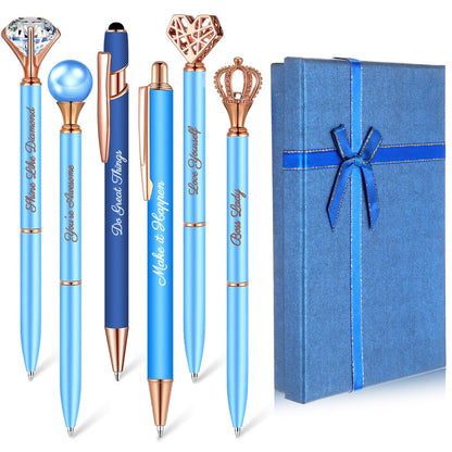 Qeeenar 6 Pcs Fancy Pens for Women Crystal Diamond Pen for Journaling Pretty Glitter Ballpoint with Box Inspirational Gifts for Women Girls College Students Cute Back to School Gifts(Dark Blue)