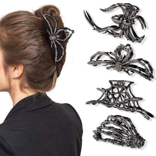 Obeoby 4 Pcs Metal Hair Clips for Women, Large Hair Claw Clips for Thick Long Hair Styling with Spider Webs Skeleton Decor, Goth Accessories Hair Accessories Birthday Valentines Day Gifts (Black)