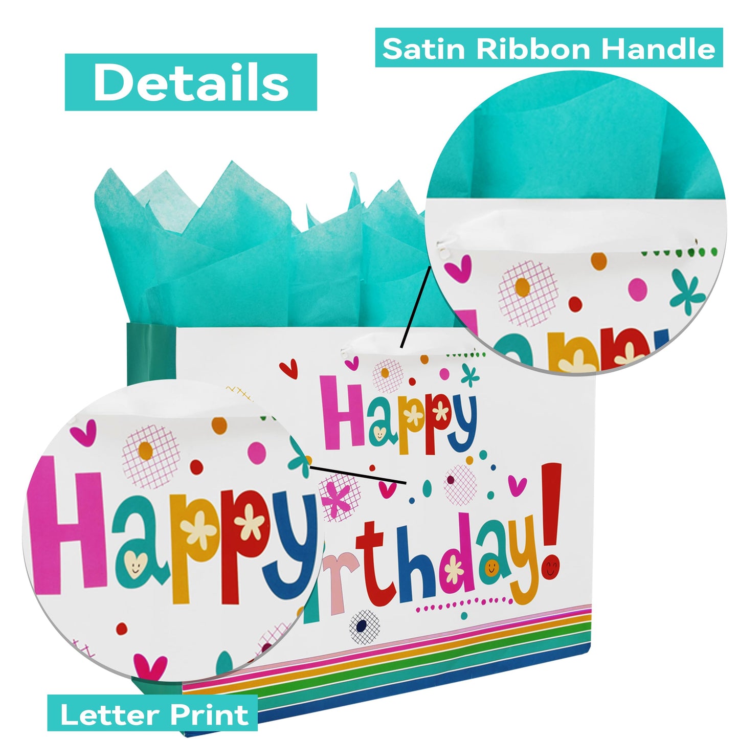 Qirrmiy 16.5” Extra Large Gift Bag Set with Greeting Card and Green Tissue Paper(Cute ‘Happy Birthday’) for Baby,Kids Birthday Party,Men and Women, Newborn,New Moms or Parents, and More