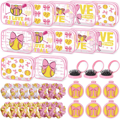 36 Pcs Pink Softball Gifts for Girl 12 Softball Makeup Bag Bulk Cosmetic Bag Sport Team Gifts with 12 Pink Bow Hair Scrunchies 12 Round Portable Folding Brush Mirror for Coach Team