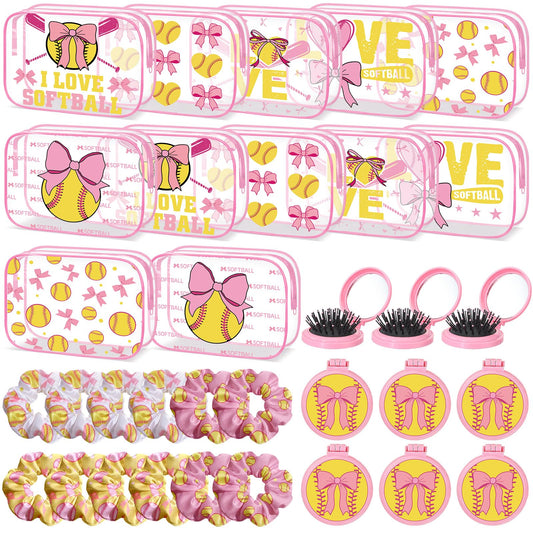 36 Pcs Pink Softball Gifts for Girl 12 Softball Makeup Bag Bulk Cosmetic Bag Sport Team Gifts with 12 Pink Bow Hair Scrunchies 12 Round Portable Folding Brush Mirror for Coach Team