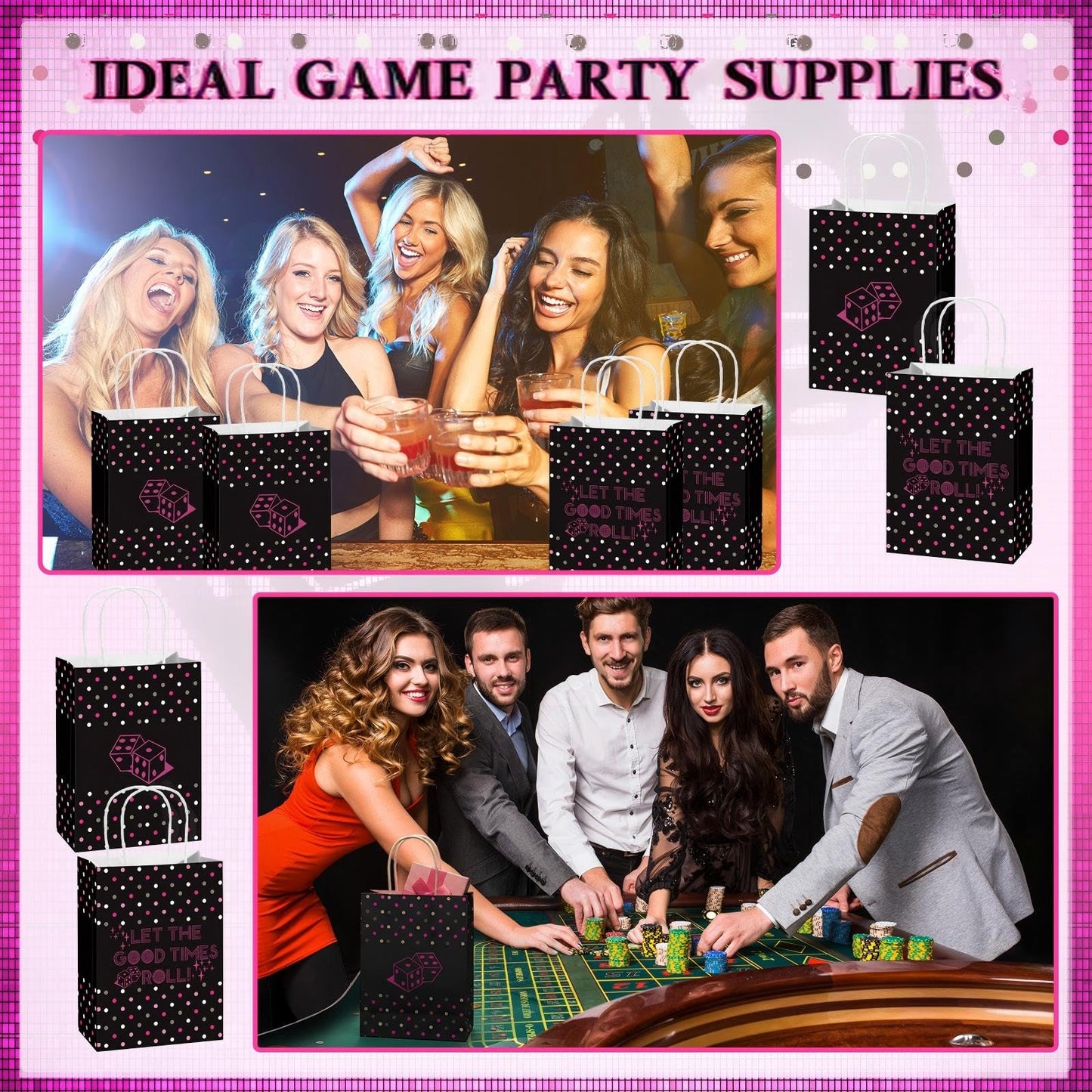 Kolldenn 25 Pcs Bunco Gift Bags Bulk Bunco Party Supplies Dice Party Favor Bags with Handles Game Player Gifts for Galentine's Day Women Girls Weekend Bingo Lovers Casino Night Disco Birthday