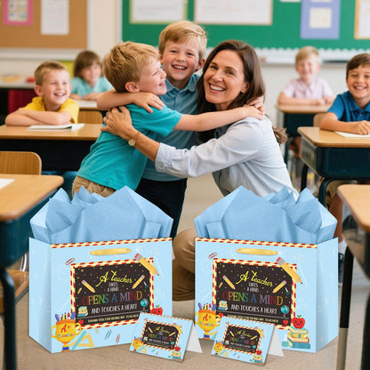 HSKMAKE Teacher Appreciation Gift Bags Blue Thank You Teacher Gift Set With Greeting Card, Envelope & Tissue Large Paper Bag for Educators, Graduation, Retirement Supplies