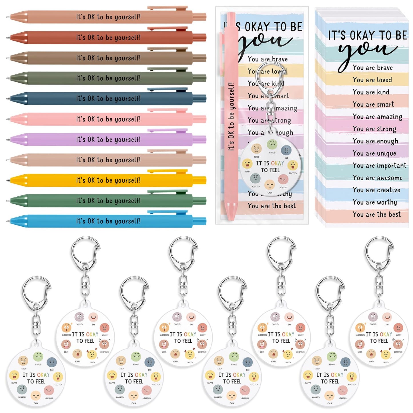 48 Pcs 16 Sets Mental Health Gift Bulk Pastel Inspirational Pens Motivational Funny Emotion Keychains with Positive Cards Employee Appreciation Gifts for Office Staff Coworker Teachers Students