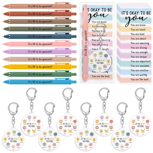 48 Pcs 16 Sets Mental Health Gift Bulk Pastel Inspirational Pens Motivational Funny Emotion Keychains with Positive Cards Employee Appreciation Gifts for Office Staff Coworker Teachers Students