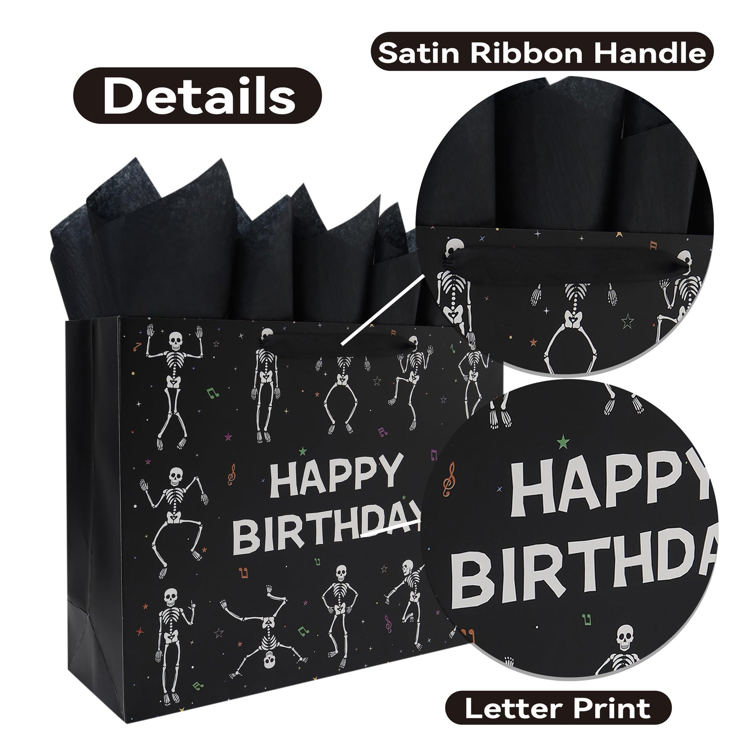 wishinside 16.5'' Extra Large Black Birthday Gift Bag Set with Handles, Greeting Card, Tissue Papers and Stickers for Men Boys Kids Teens for Birthday Party, 1 Pcs