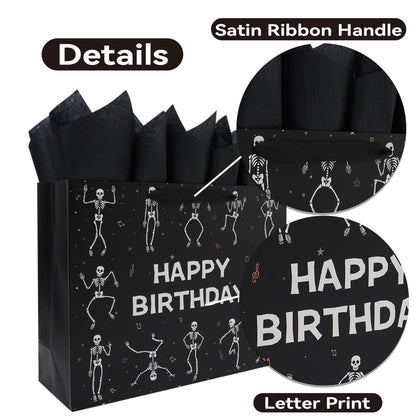 wishinside 16.5'' Extra Large Black Birthday Gift Bag Set with Handles, Greeting Card, Tissue Papers and Stickers for Men Boys Kids Teens for Birthday Party, 1 Pcs