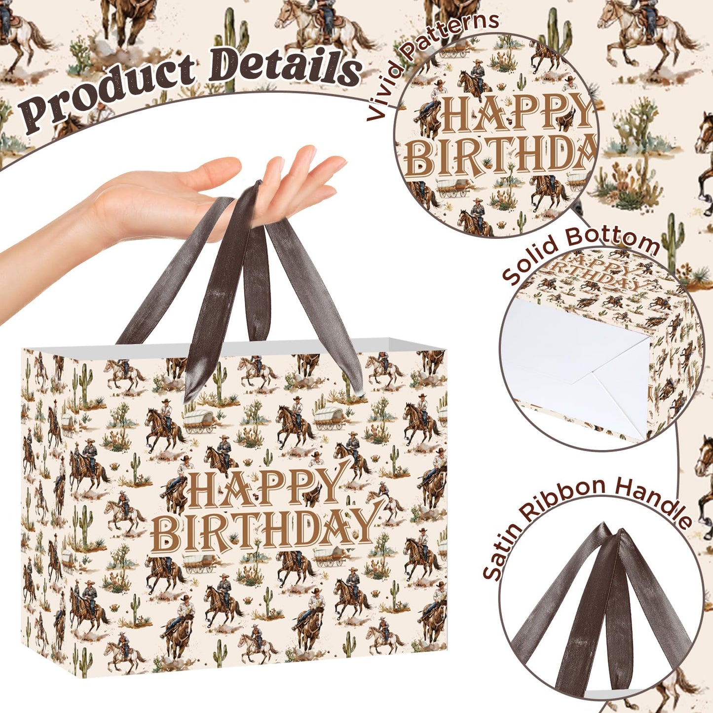 Woosytoo Cowboy Birthday Gift Bag Western Rodeo Happy Birthday Wrapping Bag with Greeting Card and Tissue Paper Wild West Horse Treat Candy Bag for Boys Men Bday Western Theme Party Supplies
