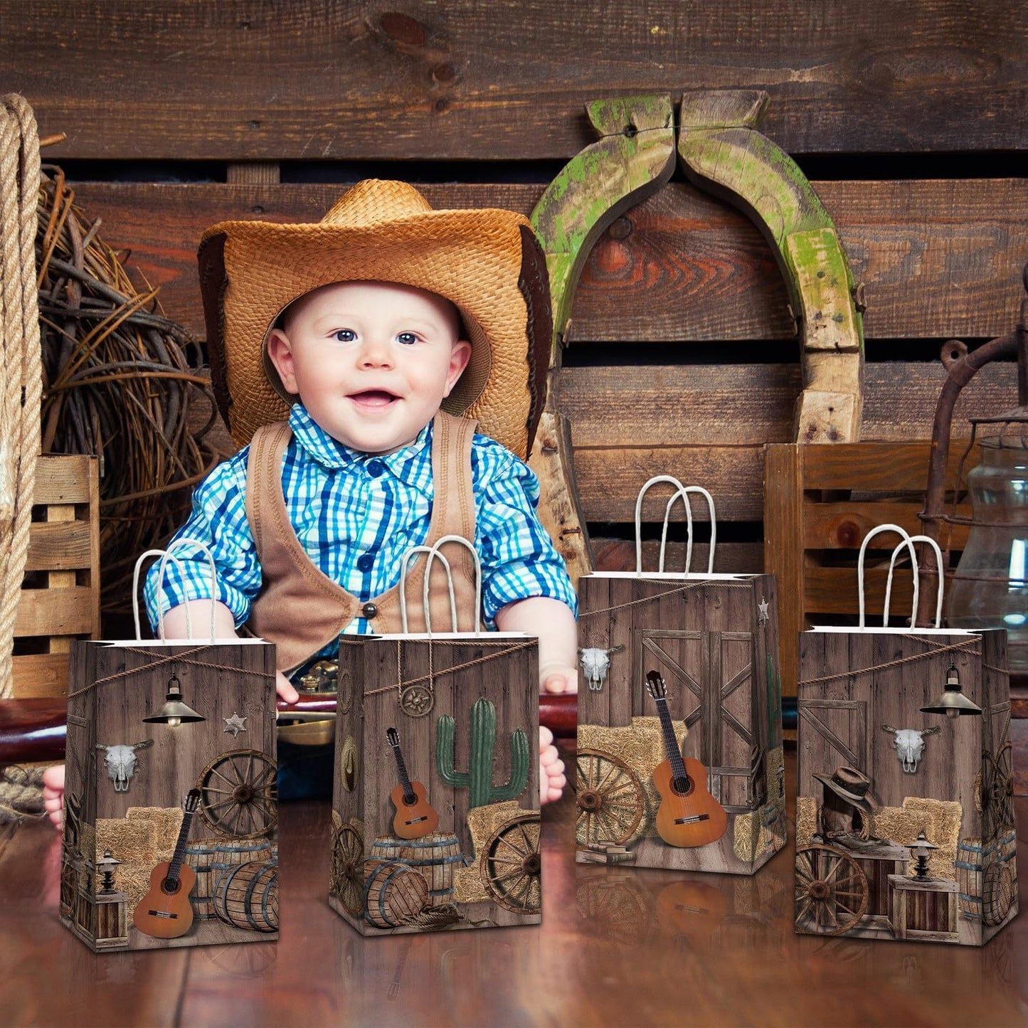 12 PCS Cowboy Party Favor Bags Western Paper Gift Goodie Candy Treat Bags Bulk with Handle Wild West Rodeo Birthday Party Decorations for Cowgirl Kids Boys Baby Shower Bachelorette Supplies Favors