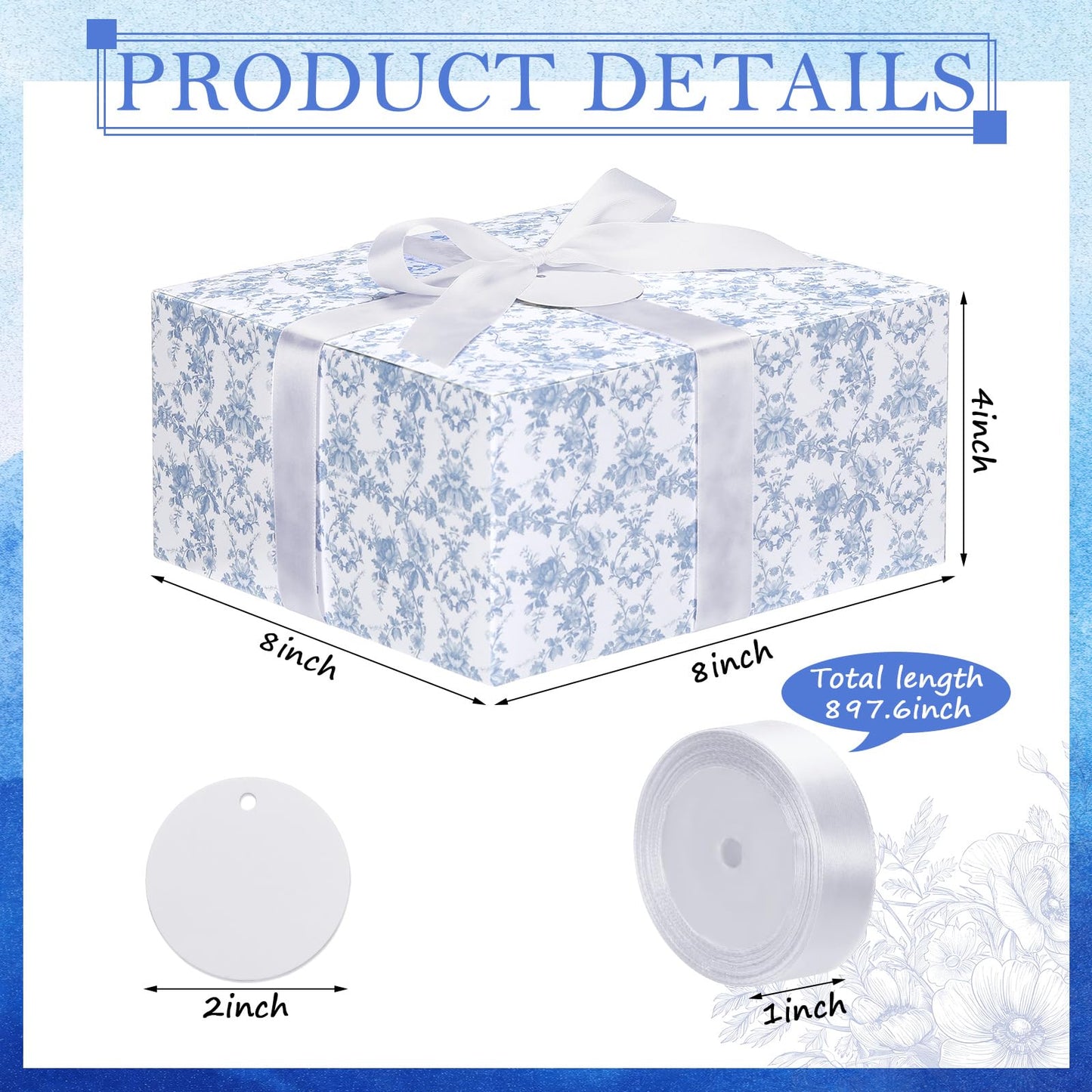 Faccito Blue 8 Pack Floral bridesmaid proposal Gift Boxes 8 x 8 x 4 Inch Flower Paper Boxes with Ribbon Label Card for Wedding Bridesmaid Gift Bridal Baby Shower Birthday Party Favor (Chinoiserie)