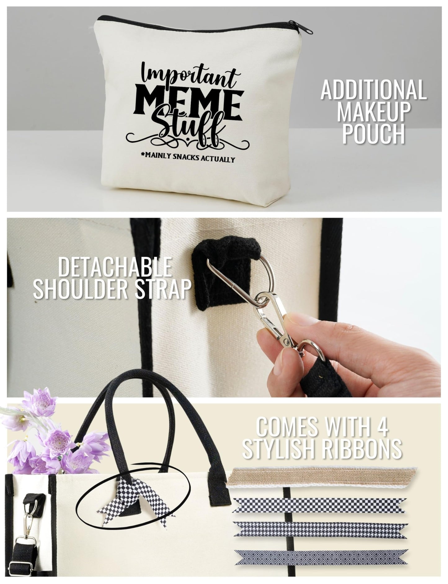 InnoBeta Meme Gifts Canvas Tote Bag for Grandma, Important Stuff Bag with Top Zipper Closure and Shoulder Strap for Birthday, Mother's Day, Christmas