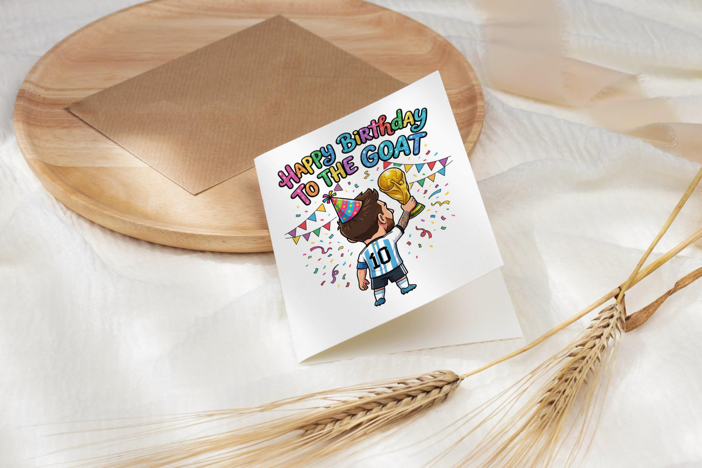 Mes.Si Birthday Card - Happy To The Goat Greeting - Argentina Football Soccer Fan Gift - World Cup Champion Trophy Illustration - Sports Legend Stationery