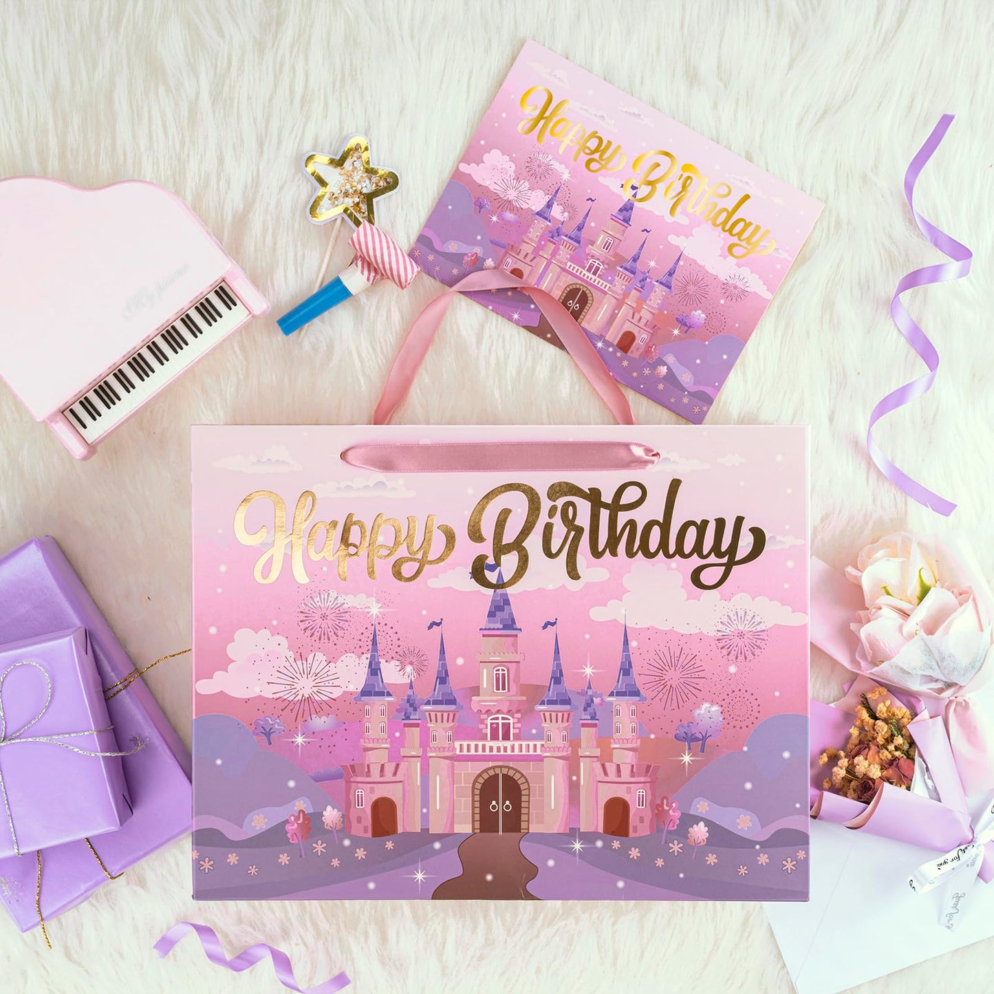 WRAPAHOLIC 13" Princess Birthday Gift Bags with Tissue Paper and Card - Purple Castle Bags for Kids Girls Birthday Party Baby Shower Supplies