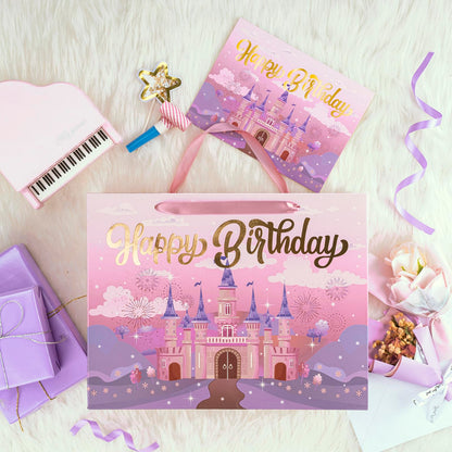 WRAPAHOLIC 13" Princess Birthday Gift Bags with Tissue Paper and Card - Purple Castle Bags for Kids Girls Birthday Party Baby Shower Supplies