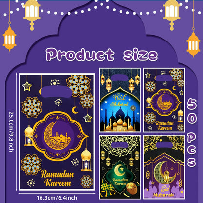 50pcs Eid Mubarak Gift Bags with Die Cut Handles, 4 designs - Golden Crescent Moon Lantern Muslim Mosque Print Goodie Candy Snack Plastic Gift Bags Pouch for Eid Al-fitr Ramadan Islamic Diwali Party