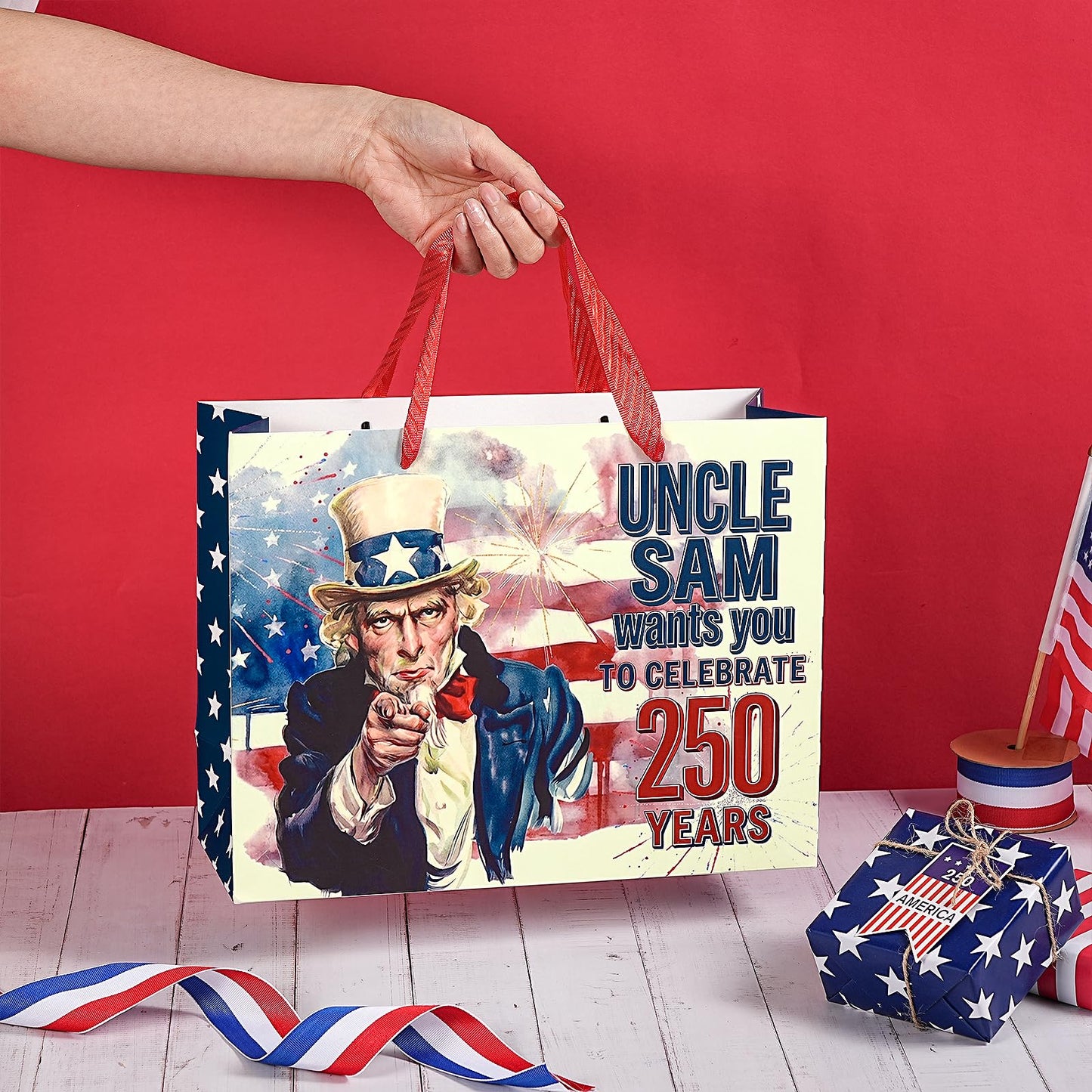 Loveinside 13" Large 250 Years Patriotic Gift Bag, Uncle Sam Red White Blue Design Gift Bag with Tissue Paper for 4th of July, America 250th Anniversary Celebration, 13" x 5" x 10", 1 Pcs