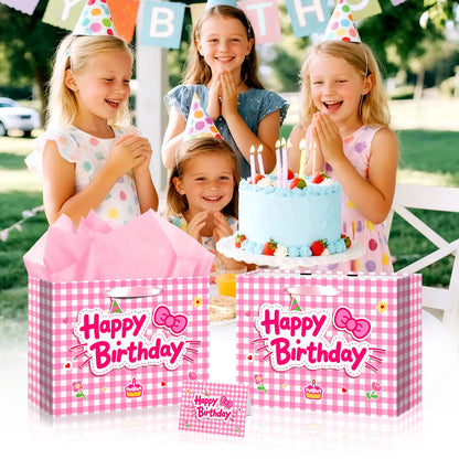 TQQBUU 12" Pink Birthday Gift Bags for Girls, with Cute Greeting Card and Tissue Paper for Party, Cat Party Favor Bag Cartoon Bag for Kids Baby Shower Party Favors Supplies, 11.8"×9.4"×5.3" - 1Pcs