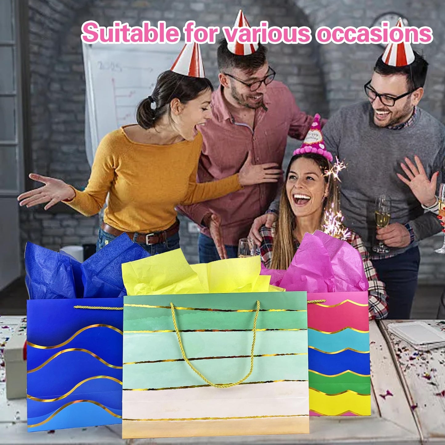 MUMULULU 5 Pack 16" Extra Large Gift Bags with Handle and Tissue Paper Birthday Gift Bags Rainbow Gift Bags for Birthday Party Baby Shower Wedding Holiday Presents