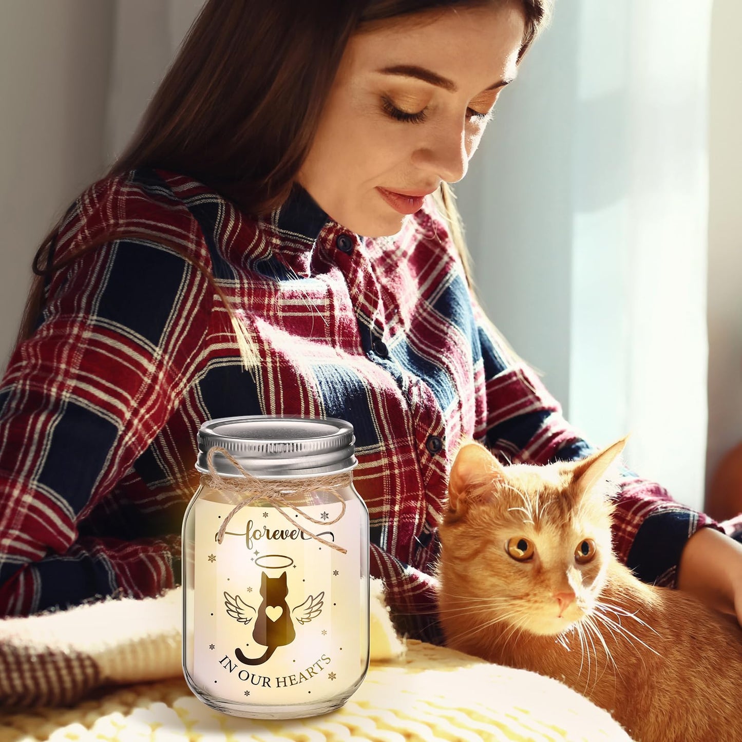 Glooglitter Cat Memorial Gifts for Loss of Cat Mason Jar Night Light Decor Pet Lover Sympathy Remembrance Gifts for Women Loss Loved Pet Bereavement Memorial Ornament