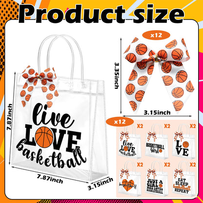 Vicenpal 12 Sets Clear Basketball Gift Bag with Handles 12 Pcs Bows PVC Plastic Basketball Treat Goodie Snack Bags 7.9 x 7.9 x 3.1'' Sport Theme Party Favors for Birthday Holiday Sports Team Gifts