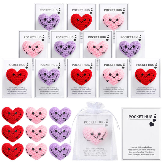 Daifunli 12 Sets Valentine‘s Day Pocket Hug Heart Gift Crocheted Pocket Hug Token Thinking of You Encouragement Handmade Crocheted Love Long Distance Gift for Boyfriend Girlfriend Wedding