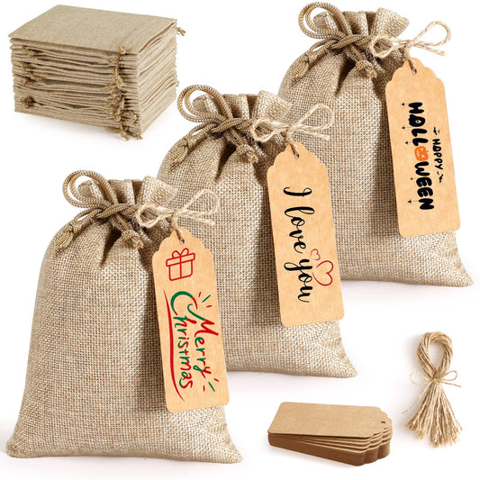 25Set Reusable Burlap Gift Bags with Drawstring, 5x7" Small Party Favor Gift Bags + Bonus Gift Tags & String, Brown Linen Sacks Bag for Wedding Party Favor, Coffee, DIY Craft Sachet Bulk Bags