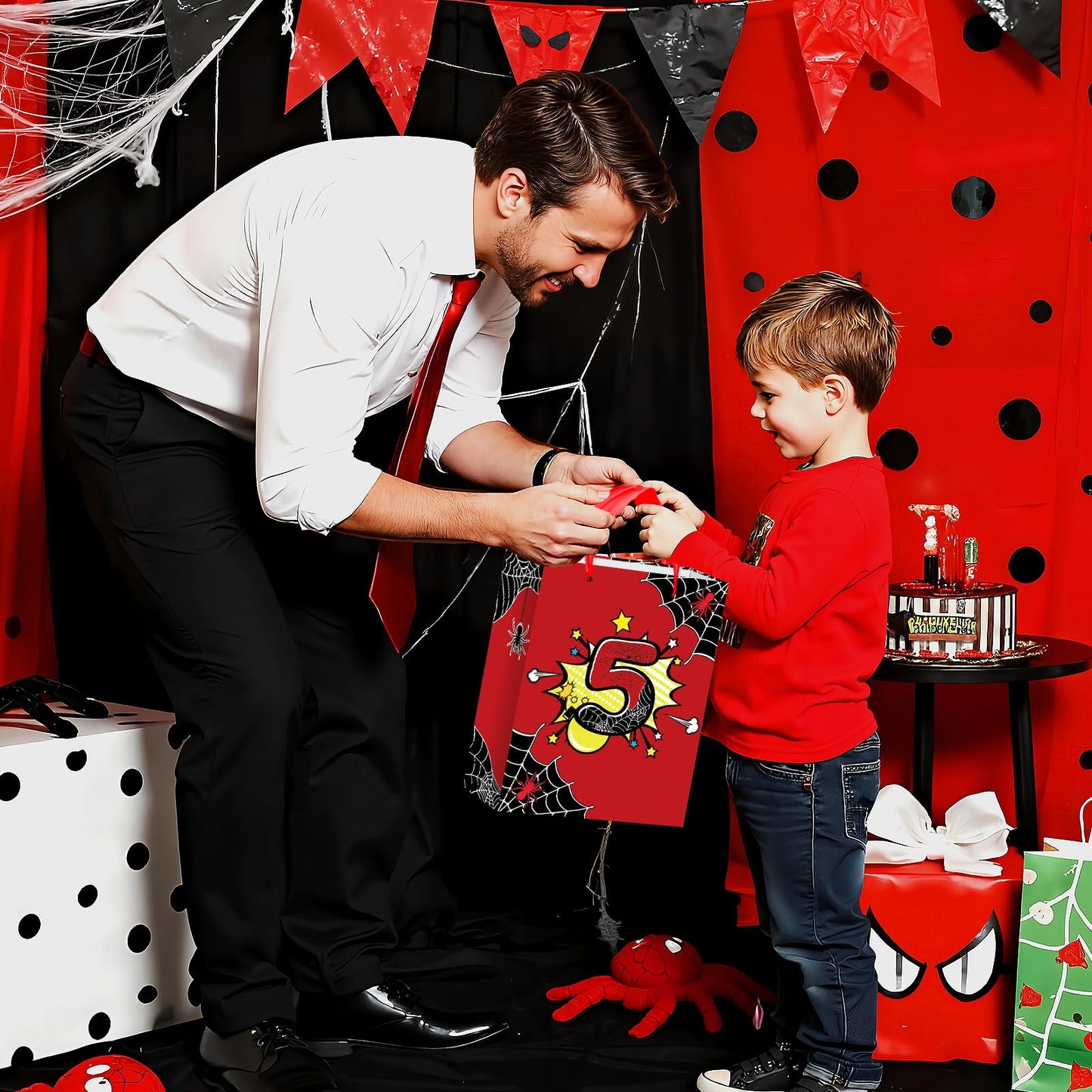 Spider 5th Birthday Gift Bag with Tissue Paper and Card Black Red Spider Web Birthday Gift Wrapping Paper Bag 5 Years Old Treat Candy Bags with Handle for Kids Baby Shower Bday Party Decorations