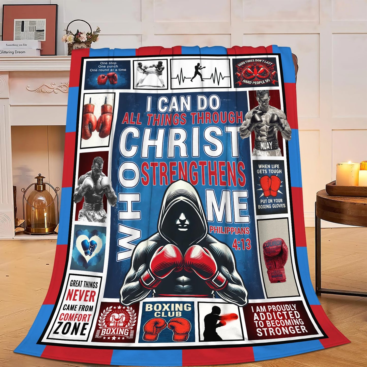 Boxing Blanket Soft Warm Christian Fleece Plush Throw Blanket Inspirational Quote Gifts for Boxing Lover Cozy Flannel Stuff Gym Decor Blanket for Girls Boys Kids Adults Women Bed Travel 40"x50"