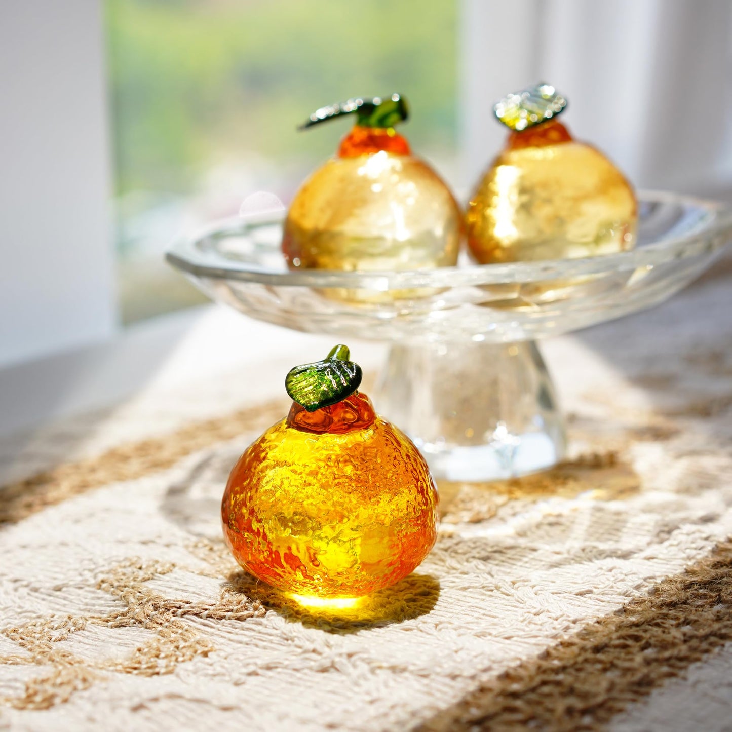2inch Glass Orange Figurine Crystal Fruit Collectibles Hand Blown Glass Fruits Tangerine Decoration Art Ornament for Home Office Kitchen Decor Gift for Women