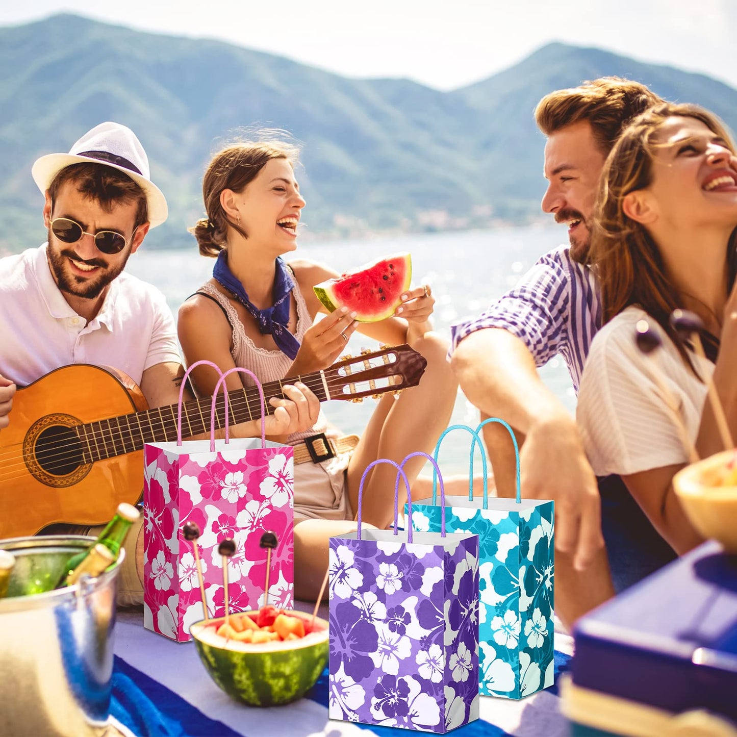 Teling 24 Pcs Hibiscus Party Favor Hawaiian Themed Paper Bags with Handles Summer Tropical Gift Tiki Luau Treat Hawaii Goodie Bags Kids Birthday Party Supplies Multicolor 8.3 x 6 x 3
