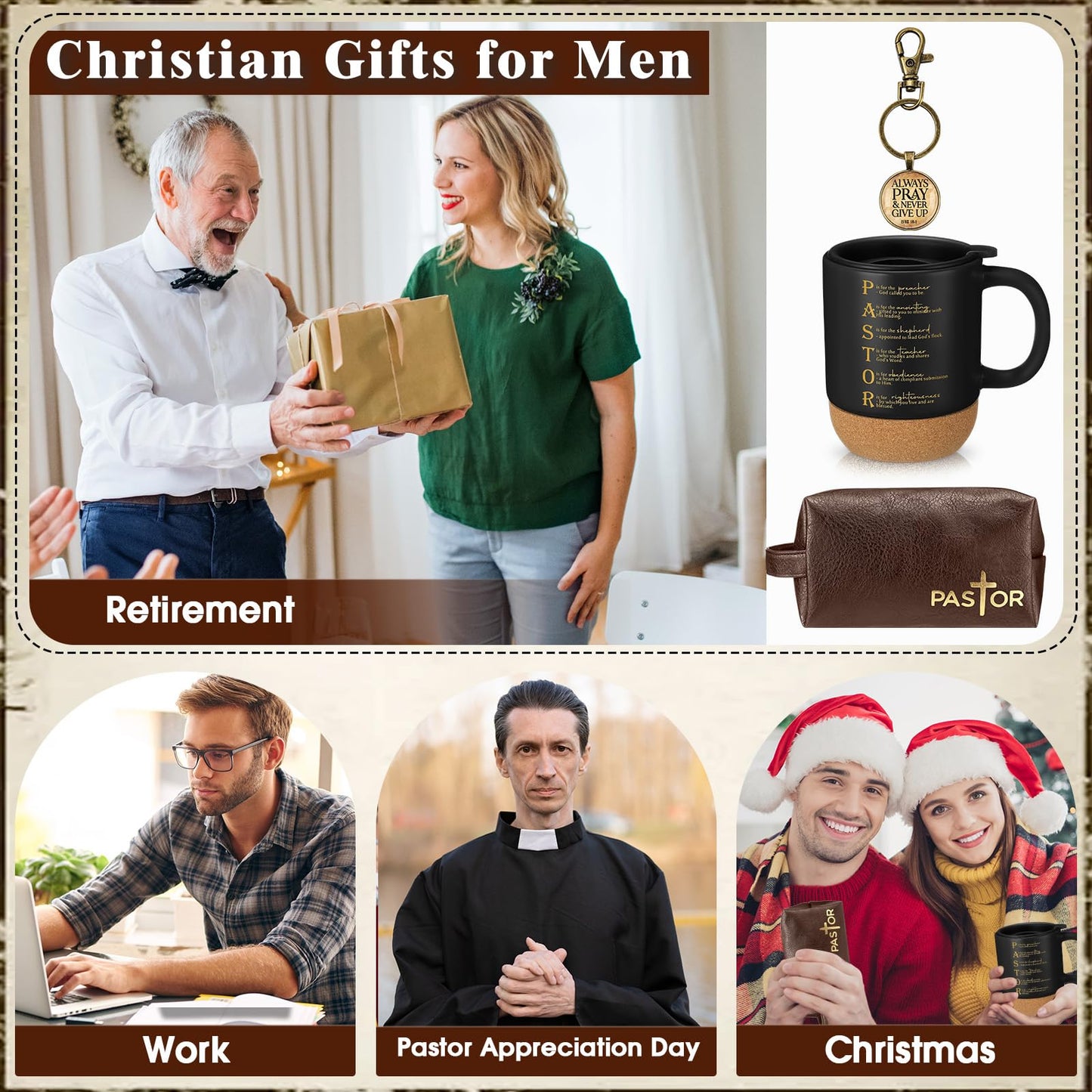 Dansydaisy 3 Pcs Fathers Day Church Gifts 13.5 oz Ceramic Cup with Lid Man of God Religious Leather Bag and Inspirational Christian Keychain for Men Pastor Church Welcome Gifts(Pastor,Brown)