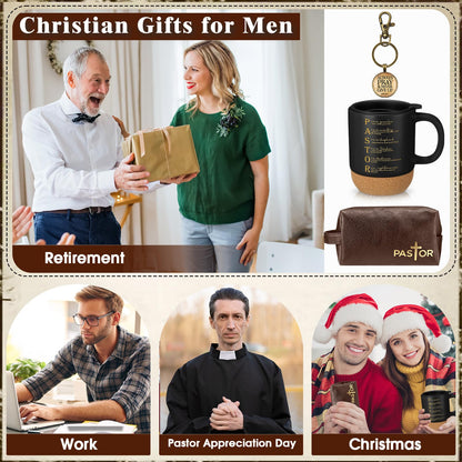 Dansydaisy 3 Pcs Fathers Day Church Gifts 13.5 oz Ceramic Cup with Lid Man of God Religious Leather Bag and Inspirational Christian Keychain for Men Pastor Church Welcome Gifts(Pastor,Brown)