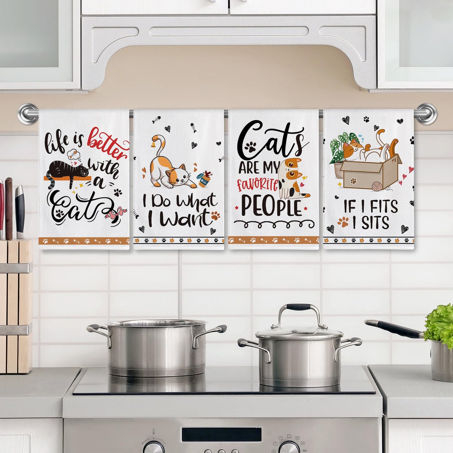 Hexagram Cat Kitchen Towels Set of 4, Cat Lover Gifts for Women, Funny Cute Housewarming Dish Hand Towels for Home Kitchen Decor