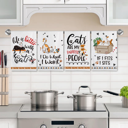 Hexagram Cat Kitchen Towels Set of 4, Cat Lover Gifts for Women, Funny Cute Housewarming Dish Hand Towels for Home Kitchen Decor