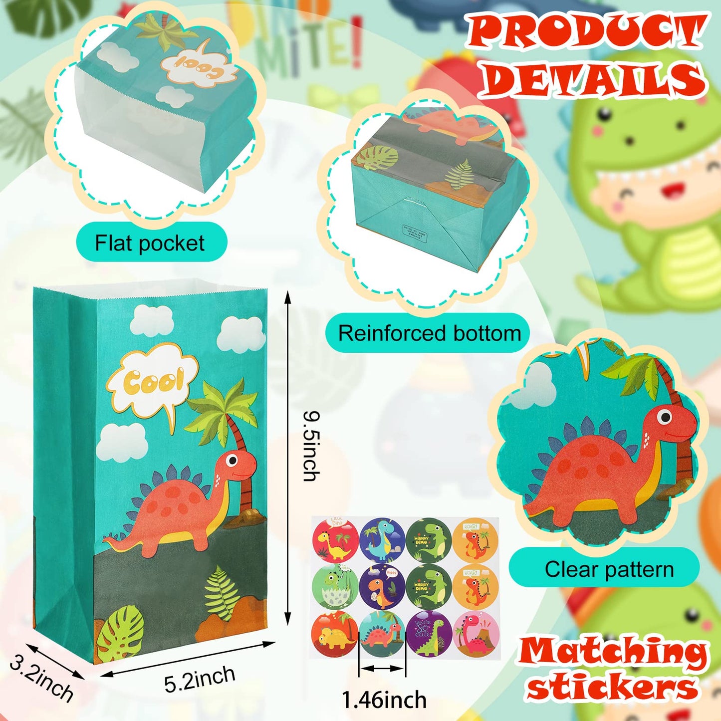 Containlol 30 Pack Dinosaur Party Gift Bags Little Dinosaur Goodie Candy Bag with Matching Stickers Party Favor Supplies for Dinosaurs Themed Birthday Baby Shower(Classical)
