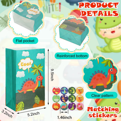 Containlol 30 Pack Dinosaur Party Gift Bags Little Dinosaur Goodie Candy Bag with Matching Stickers Party Favor Supplies for Dinosaurs Themed Birthday Baby Shower(Classical)