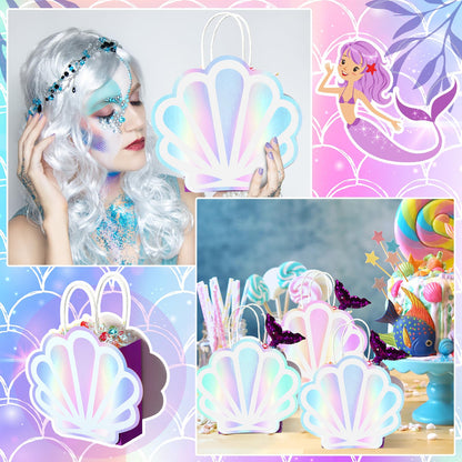 Locmeo 12 Pack Holographic Sea Shell Gift Bags Mermaid Party Favor Bags with Iridescent Shell Paper Cards for Mermaid Themed Supplies Ocean Under The Sea Party Favors