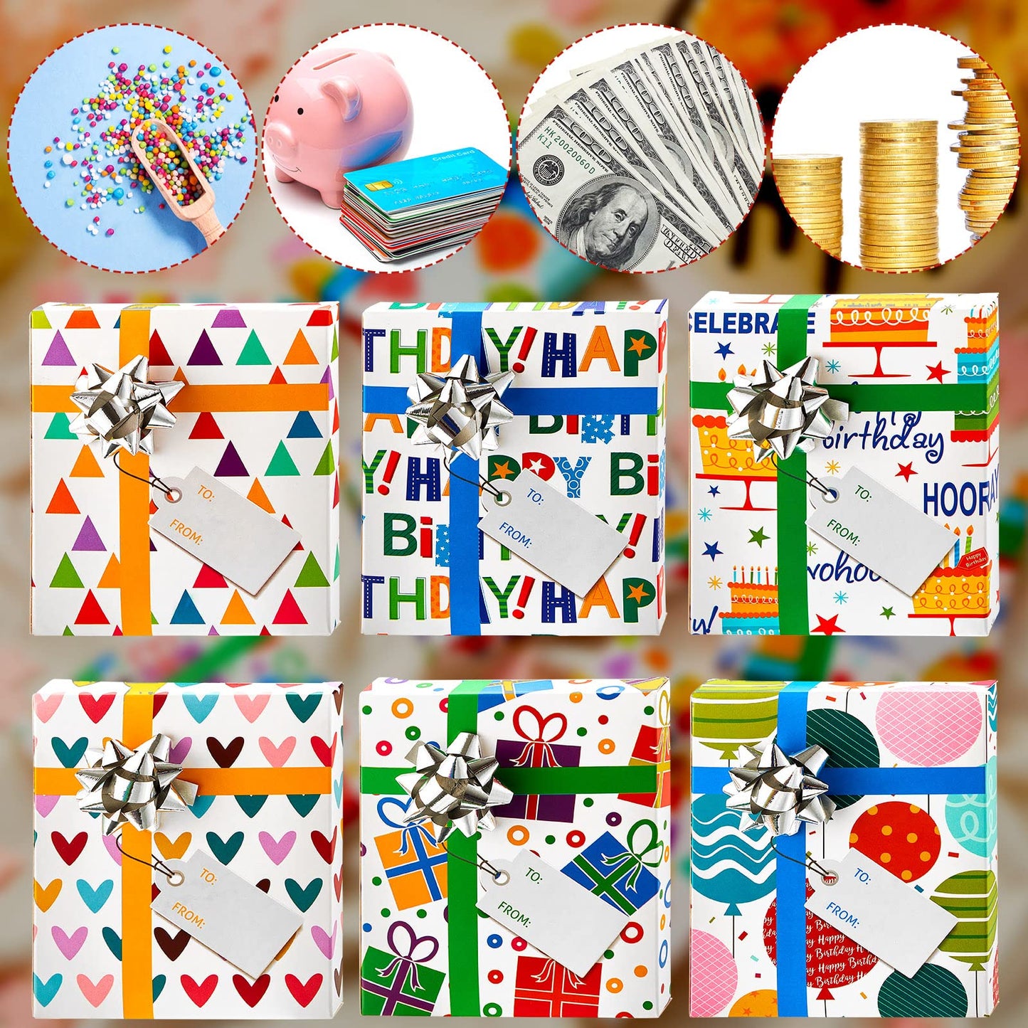 12 Pieces Gift Card Box Happy Birthday Present Greeting Card Holder Birthday Gifts Keeper with 12 Pieces Wrapping Bows Mini Favor Boxes for Holiday Party