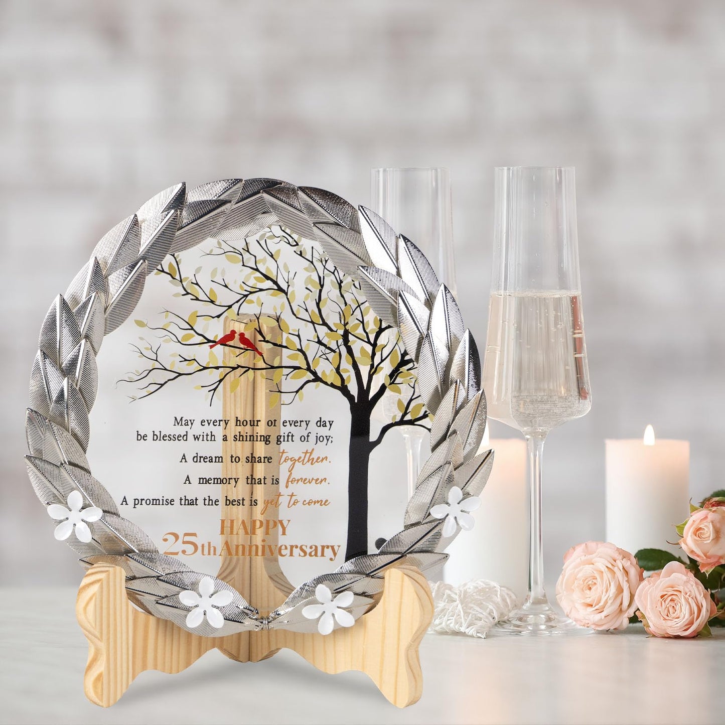 25th Anniversary Wedding Gifts Crystal Plate with Gold Leaf Wreath - 25 Years Anniversary Wedding Unique Gifts Ideas for Parents Couple - Cardinal Style