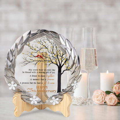 25th Anniversary Wedding Gifts Crystal Plate with Gold Leaf Wreath - 25 Years Anniversary Wedding Unique Gifts Ideas for Parents Couple - Cardinal Style