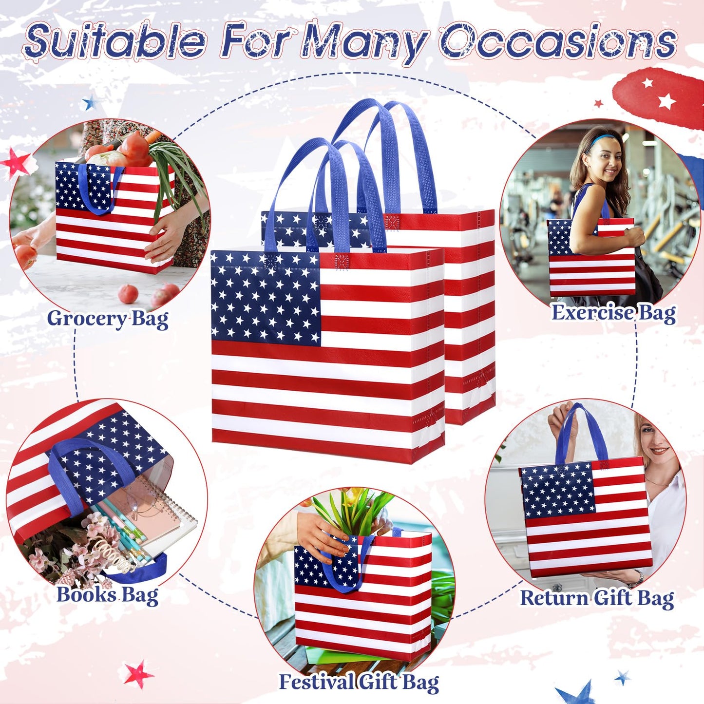 Abbylike 30 Pcs American Flag Gift Bag Large 4th of July Patriotic Shopping Bag with Stars and Stripes Reusable Non Woven Tote for Independence Day Birthday Party Supplies, 12.2 x 11.02 x 4.72 Inches