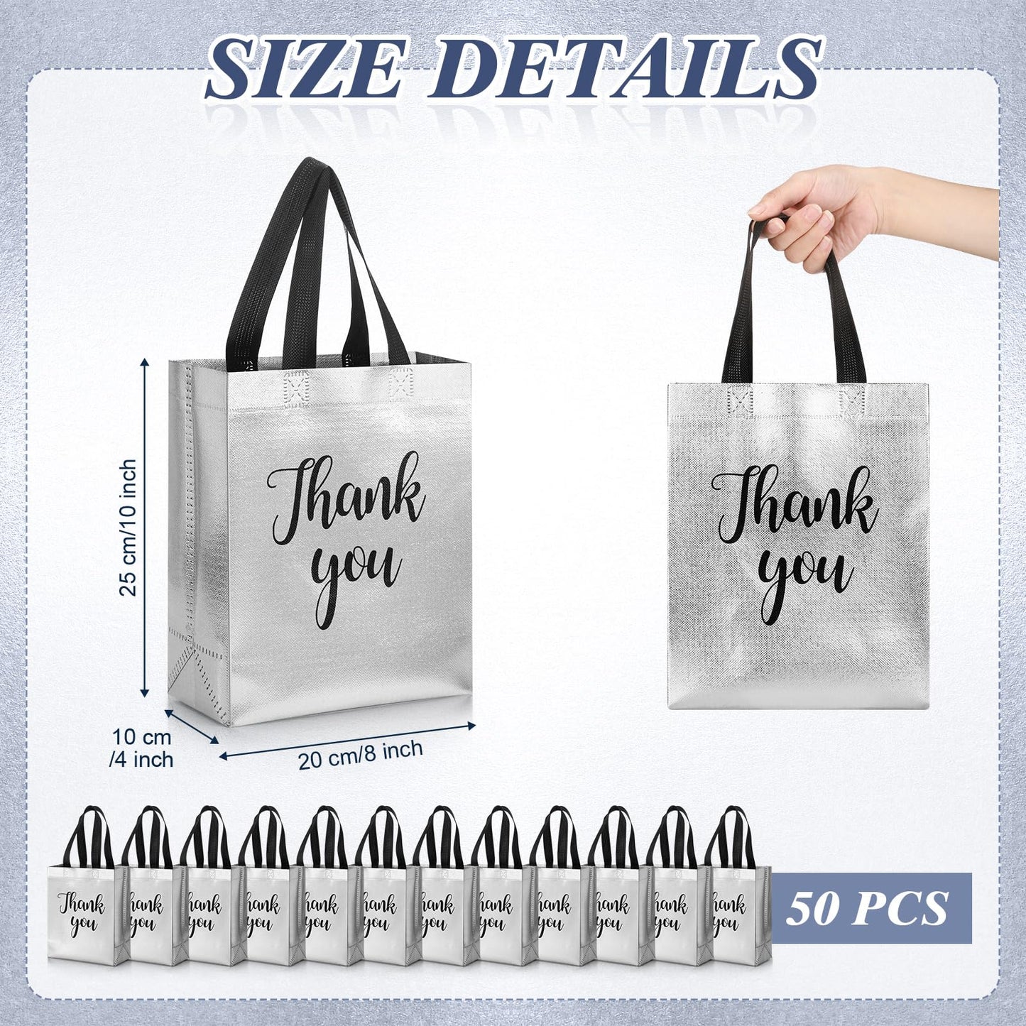 Fumete 50 Pcs Silver Glossy Thank You Gift Bag with Handles 8 x 4 x 10 Inch Non Woven Reusable Gift Bags for Graduation Fathers Day Wedding Birthday Party Engagement Anniversary Holidays