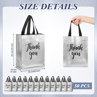 Fumete 50 Pcs Silver Glossy Thank You Gift Bag with Handles 8 x 4 x 10 Inch Non Woven Reusable Gift Bags for Graduation Fathers Day Wedding Birthday Party Engagement Anniversary Holidays