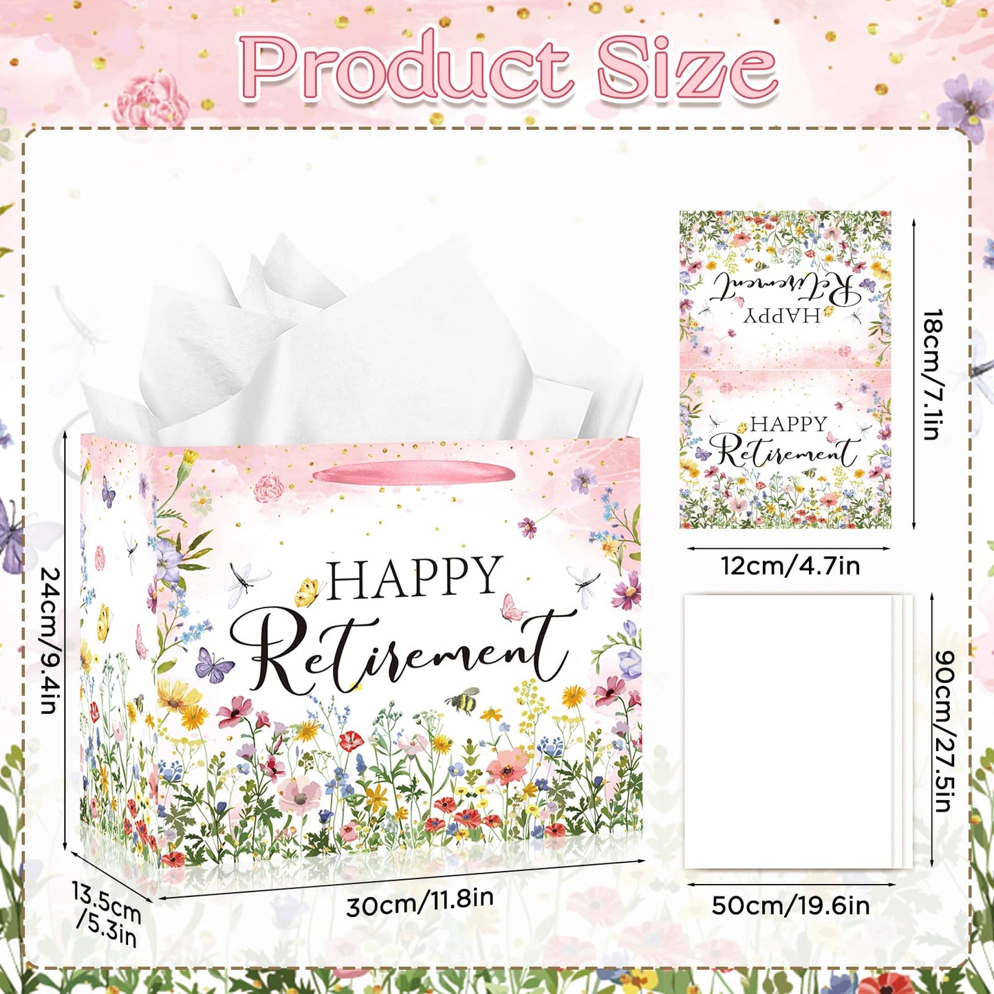 Wildflower Retirement Gift Bag for Women, Retired Gift Bag with Tissue Paper and Card Happy Retirement Gift Wrapping Paper Retired Gifts for Women Farewell Going Away Party Favor Bags Supplies