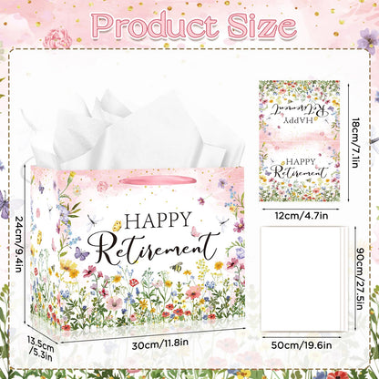 Wildflower Retirement Gift Bag for Women, Retired Gift Bag with Tissue Paper and Card Happy Retirement Gift Wrapping Paper Retired Gifts for Women Farewell Going Away Party Favor Bags Supplies