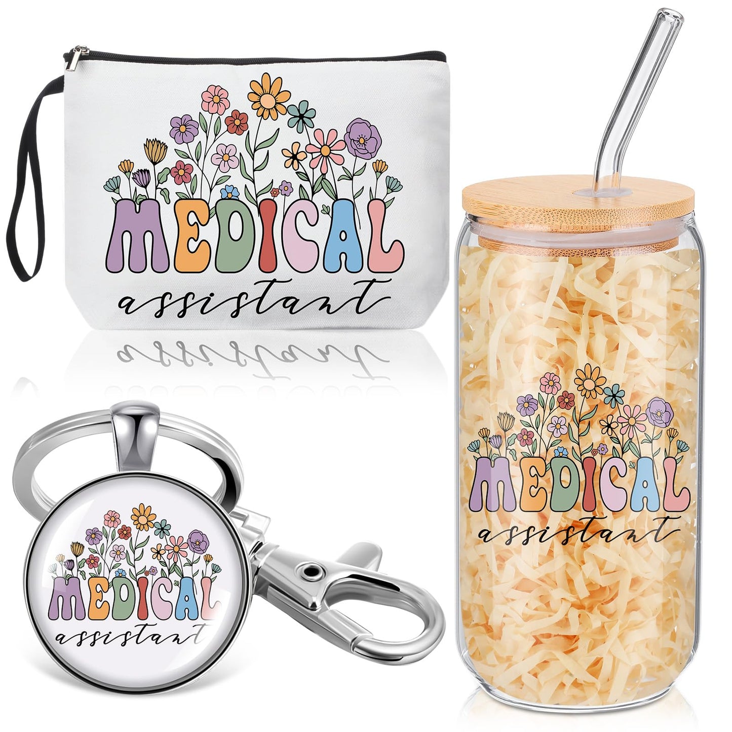 Kacctyen Medical Assistants Gift Set for Women Canvas Makeup Bag Glass Cups with Lids and Straws Keychain Medical Assistants Week Appreciation Gift