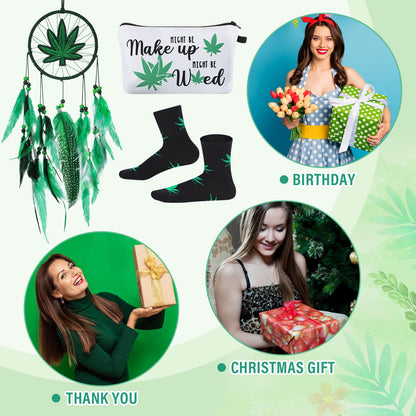 Wenqik 3 Pcs Green Leaf Gifts for Women, Friends, Mom, Green Enthusiasts Include Embroidery Dream Catcher, Makeup Zipper Bag, Stockings Cotton for Valentine Mind Birthday Christmas Party