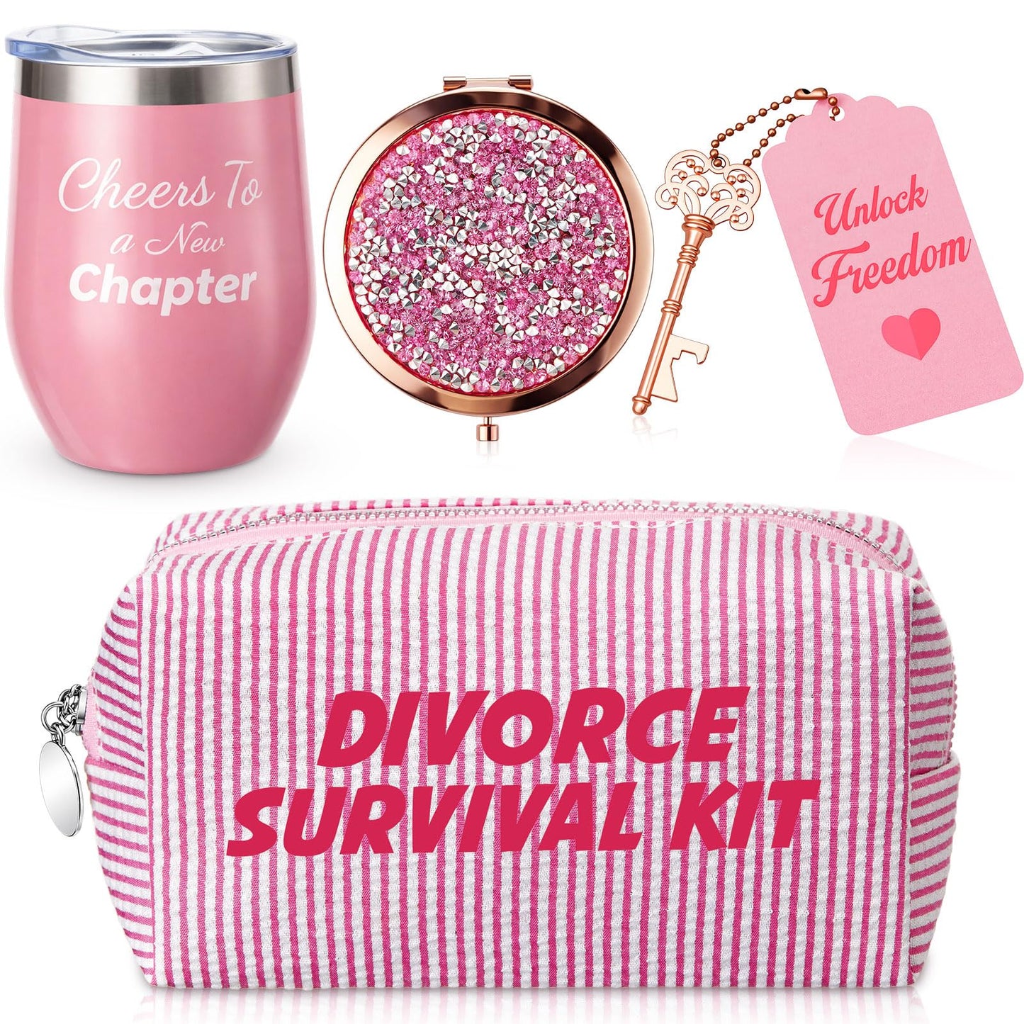 Patelai 5 pcs Divorce Gifts for Women - Funny Breakup Survival Kit with Makeup Bag, Wine Tumbler, Compact Mirror & Bottle Opener - Funny & Empowering Breakup Gifts for Her, Best Friend, Sister