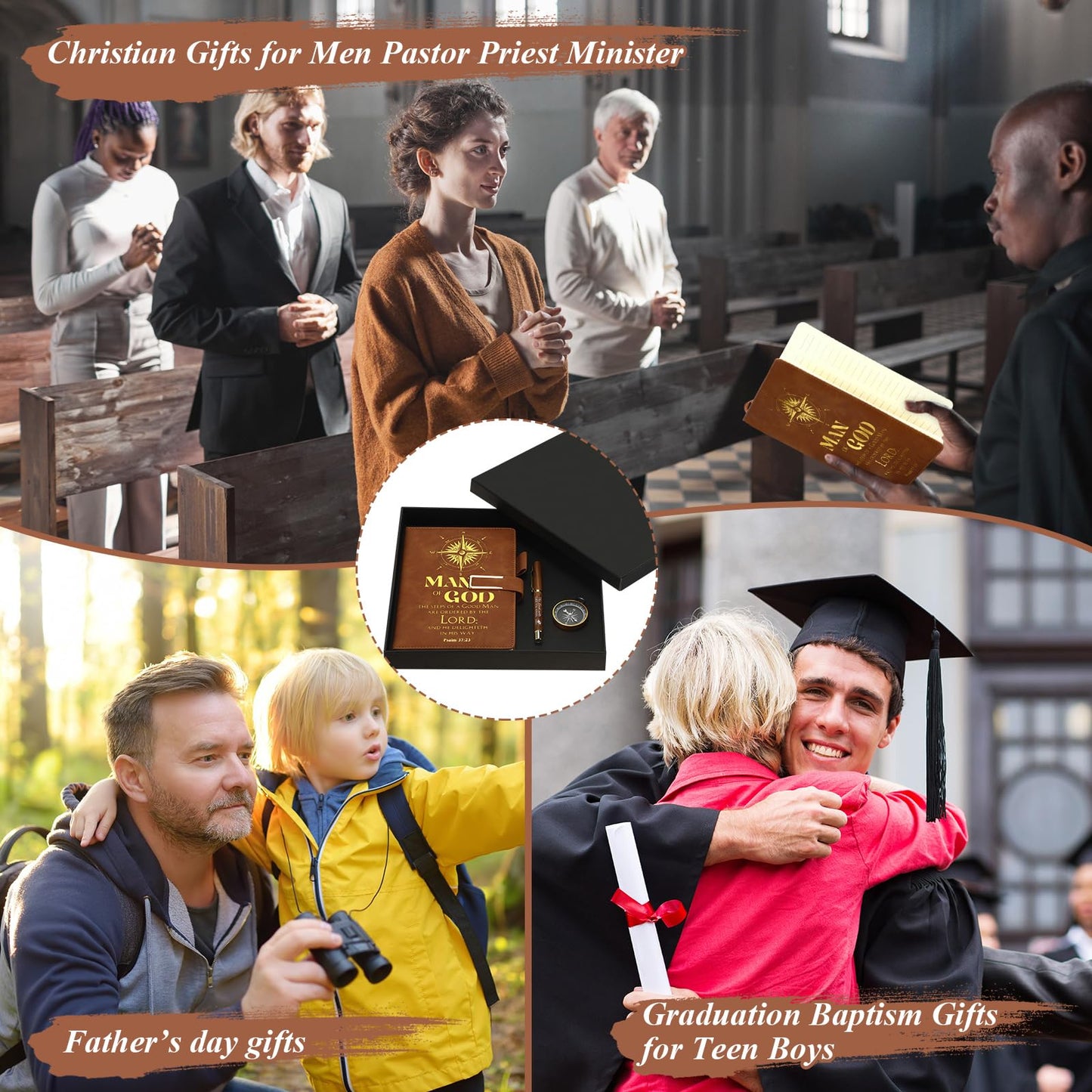 Fuyoooo 4 Pcs Pastors Appreciation Gifts Pastors Father's Day Christian Gifts Include Man of God Pastor Leather Journal Notebook Christian Pen Religious Compass with Gift Box for Church
